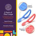 An infographic shows the 2 different textured on the Duo Spoon Loops: speed bumps and sensation bumps.
