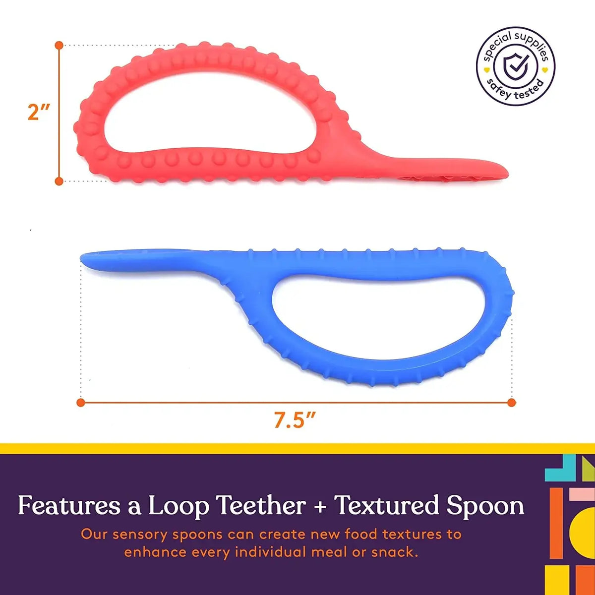 An infographic demonstrates the dimensions of the Textured Duo Spoon Loops.