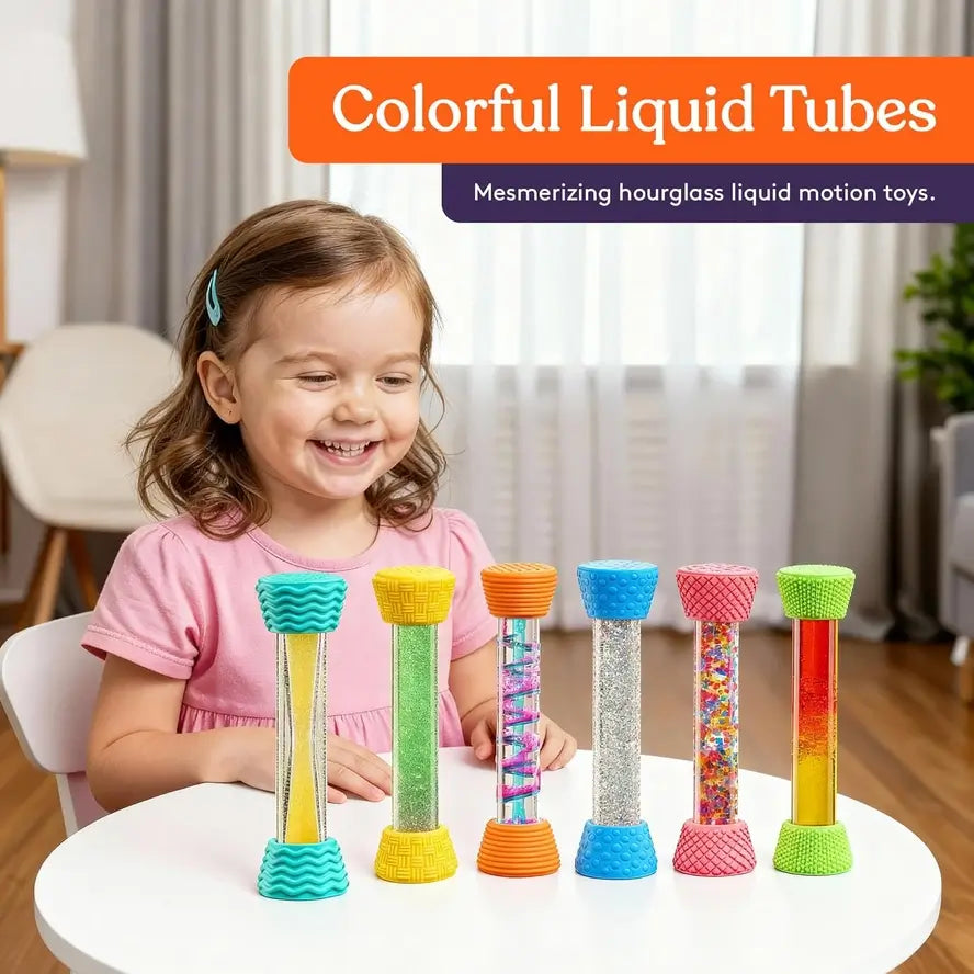 A child sits in front of the six Textured Sensory Tubes while smiling.