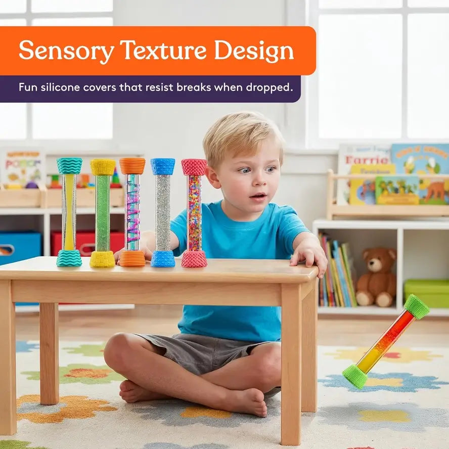 A child watches as a Textured Sensory Tube tries to run for its life by jumping from the table in front of him.
