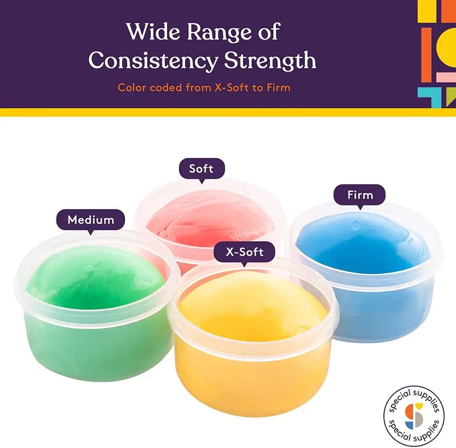 An infographic showing the four different strength consistencies of the Primary Colors Therapy Putty.