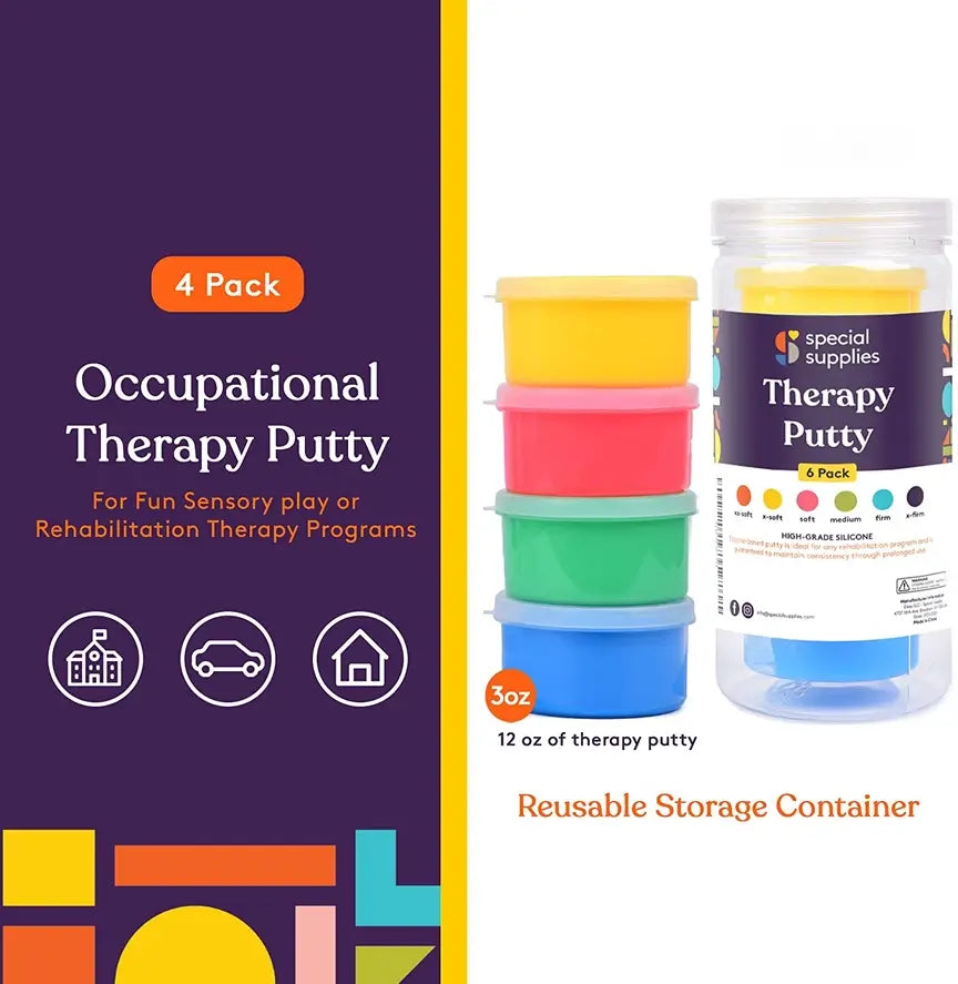 An infographic demonstrating the four separate storage containers for the Therapy Putty.