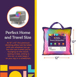 An infographic shows the 12"x12" dimensions of the Dual Sided Vibrating Pillow - Rainbow & Grey.