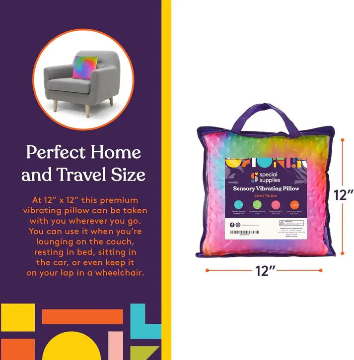 An infographic shows the 12"x12" dimensions of the Dual Sided Vibrating Pillow - Rainbow & Grey.