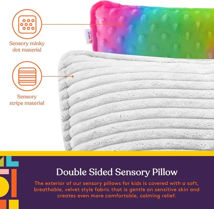 An up-close look at the sensory minky dot material and the sensory stripe material on the Dual Sided Vibrating Pillow.