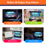 An infographic showing four panels with different places to use the  Special Supplies Vintage Aquarium Sensory Fish Lamp.
