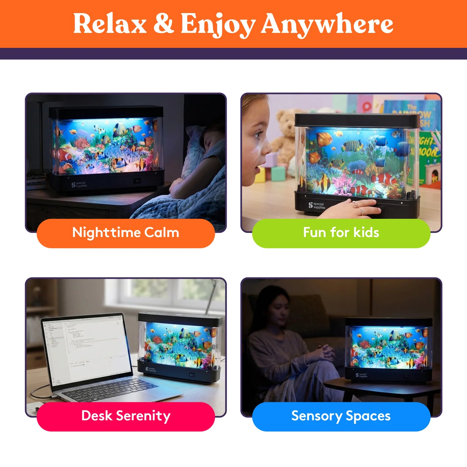 An infographic showing four panels with different places to use the  Special Supplies Vintage Aquarium Sensory Fish Lamp.