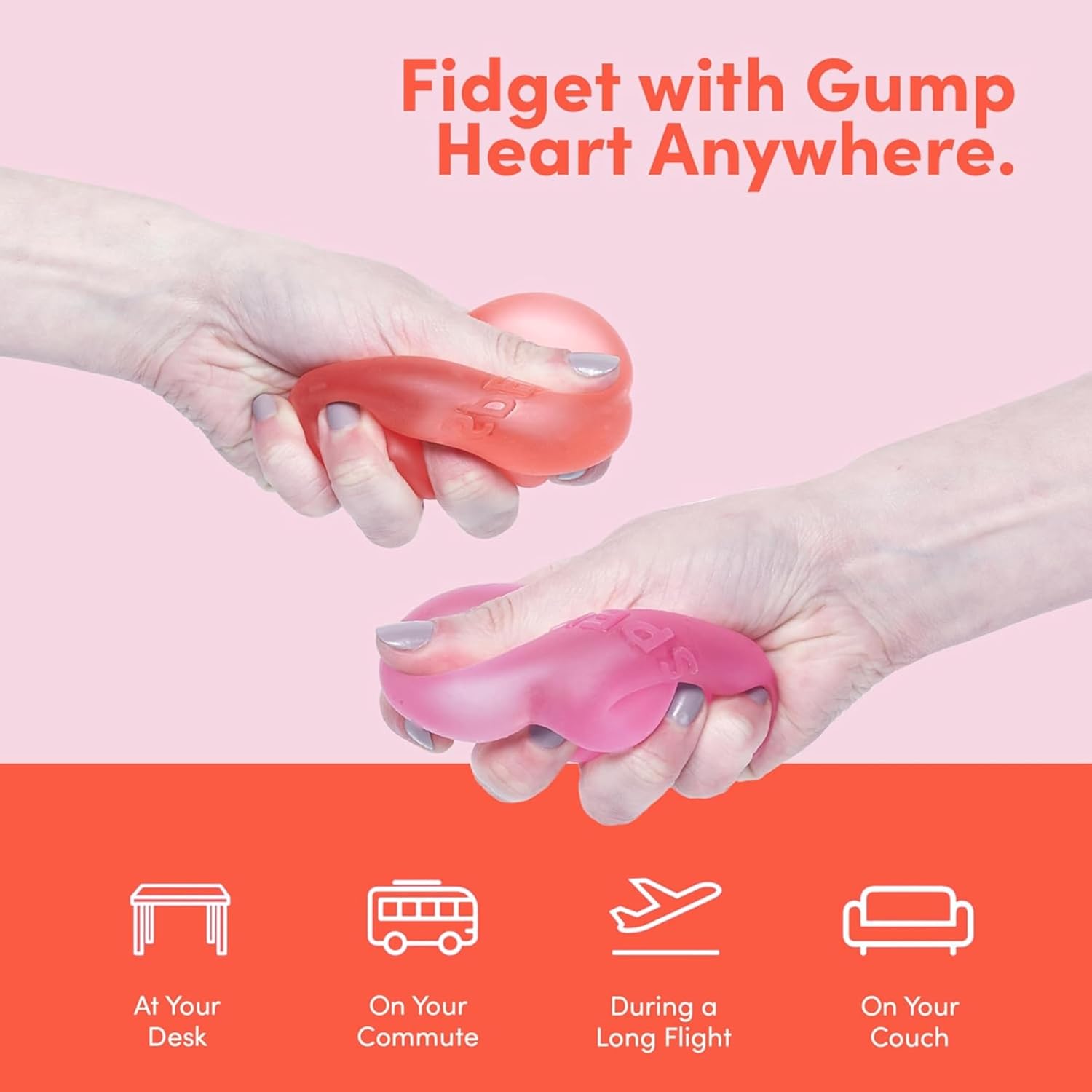 Two hands squeeze both a pink and a red Speks Gump Heart Gel Stress Ball.