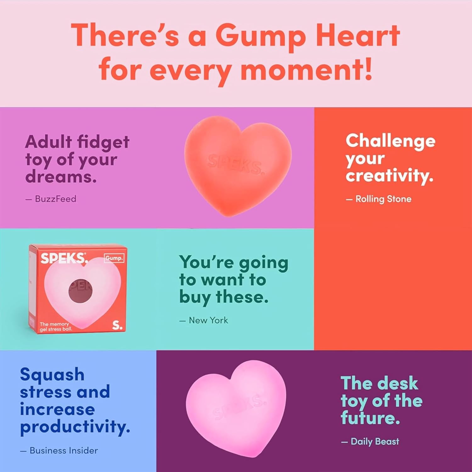 An infographic with positive product reviews for the Speks Gump Heart Gel Stress Ball.