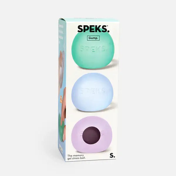 The product box for the Speks Gump Memory Gel Stress Balls - Cool 3-Pack.