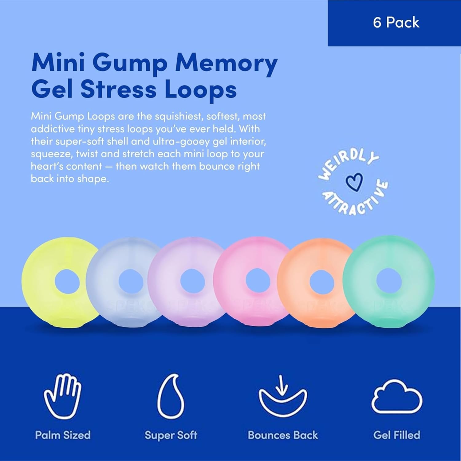 An infographic showing the benefits of Speks Mini Gump Loop Gel Filled Stress Balls.
