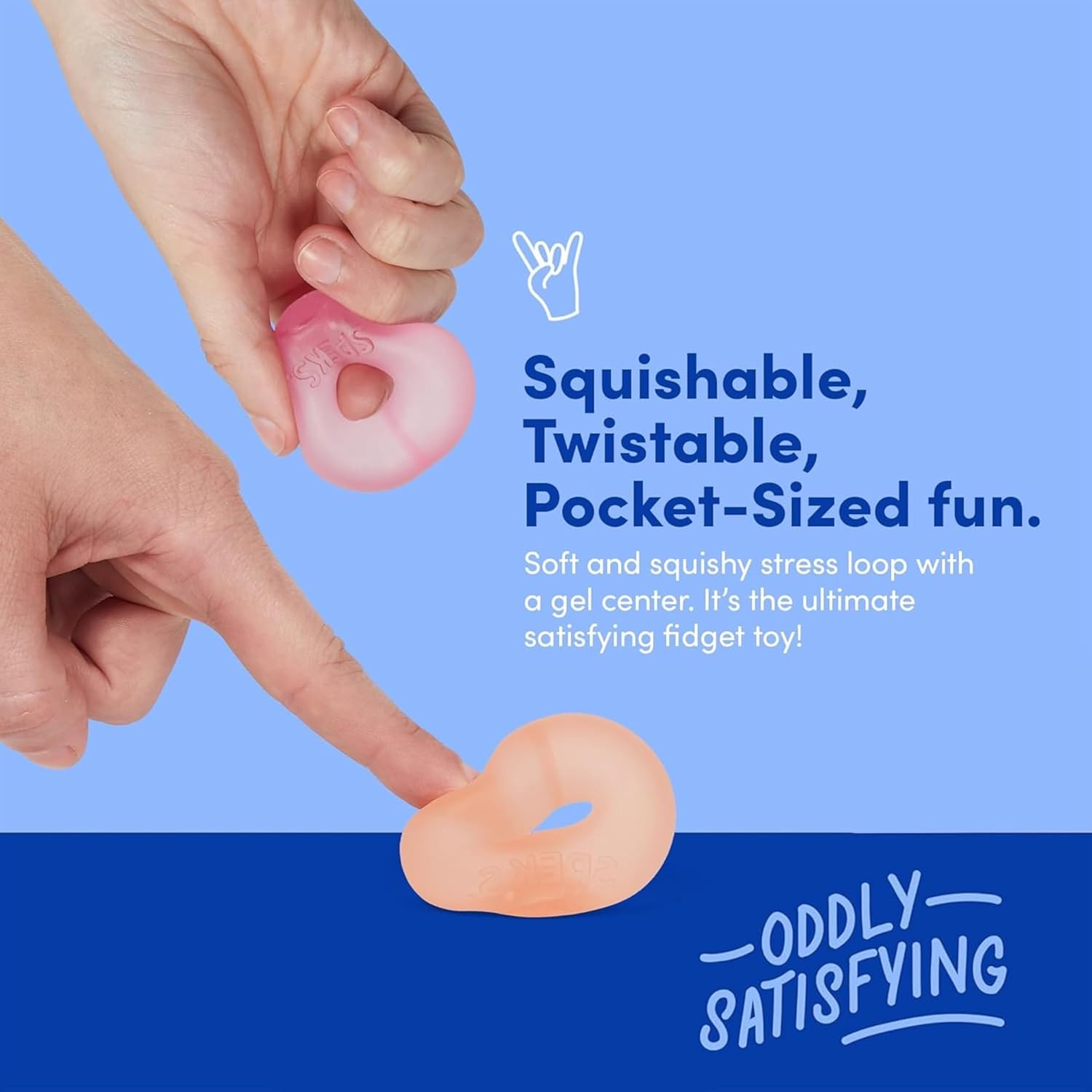 Two hands squish two different colors of the Speks Mini Gump Loop Gel Filled Stress Balls.
