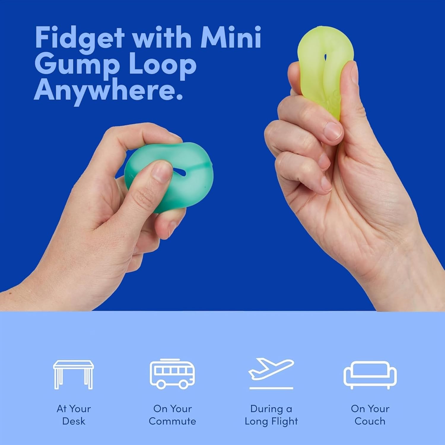 An infographic showing the places you can fidget with a Speks Mini Gump Loop Gel Filled Stress Ball.