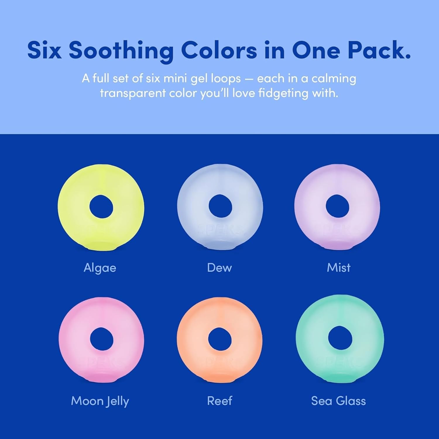 An infographic showing the colors of the Speks Mini Gump Loop Gel Filled Stress Balls.