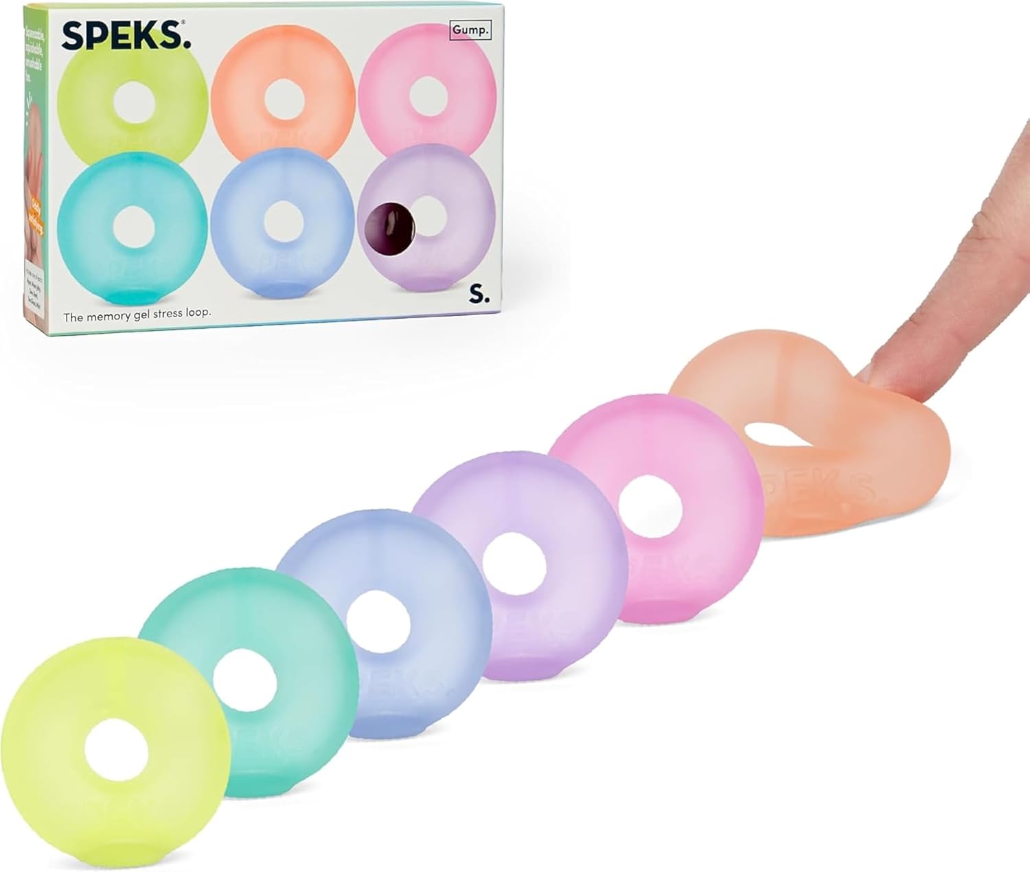 The six colors of Speks Mini Gump Loop Gel Filled Stress Balls displayed in front of their product package.