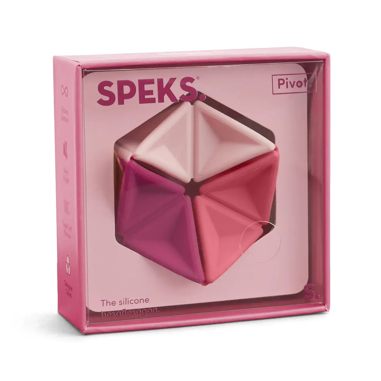 The Speks Magenta Pivot Silicone Flexagon in its product package.