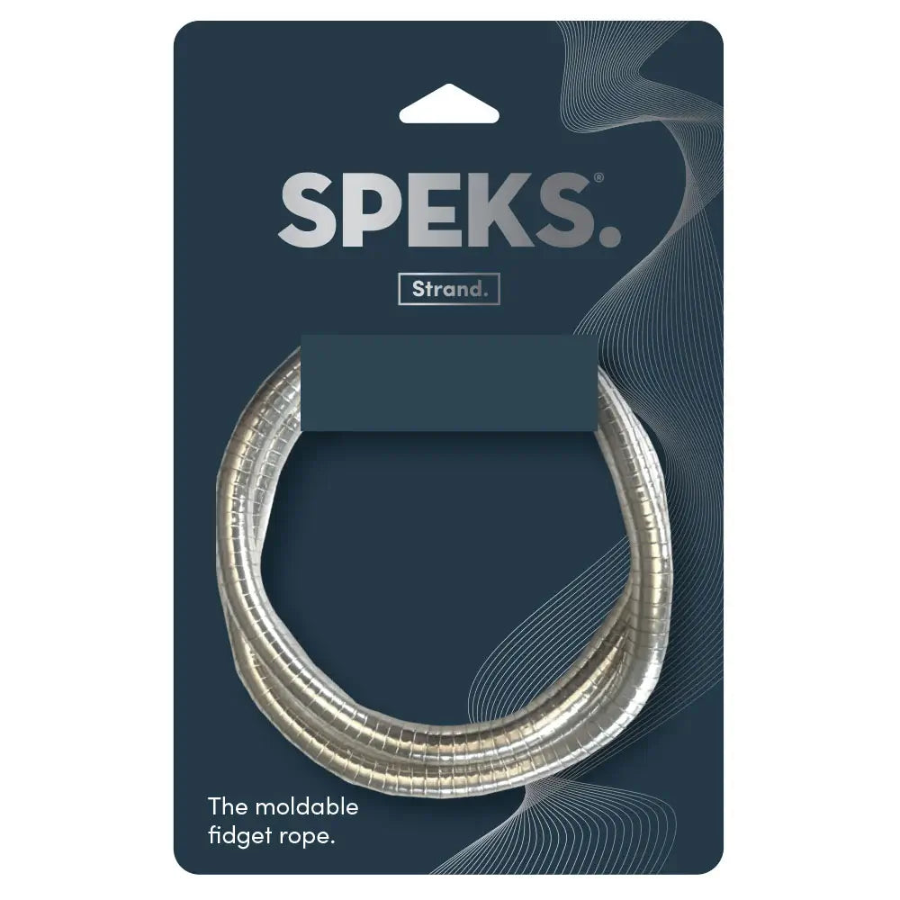 The silver Speks Strand Moldable Fidget Rope in its product package.