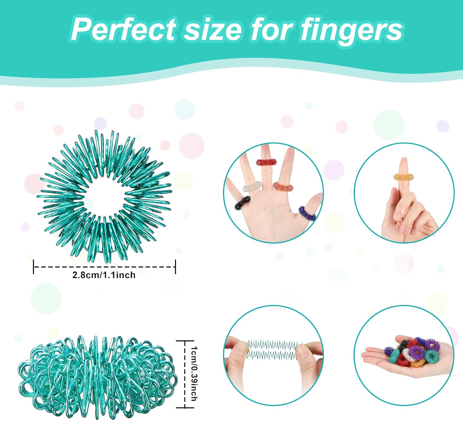 An infographic with the dimensions of the Spiky Acupressure Rings.