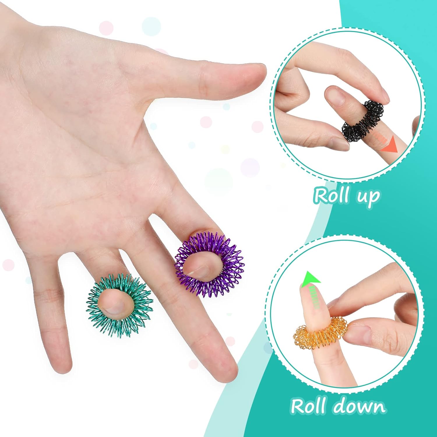 An infographic demonstrating how to roll the Spiky Acupressure Ring up and down.