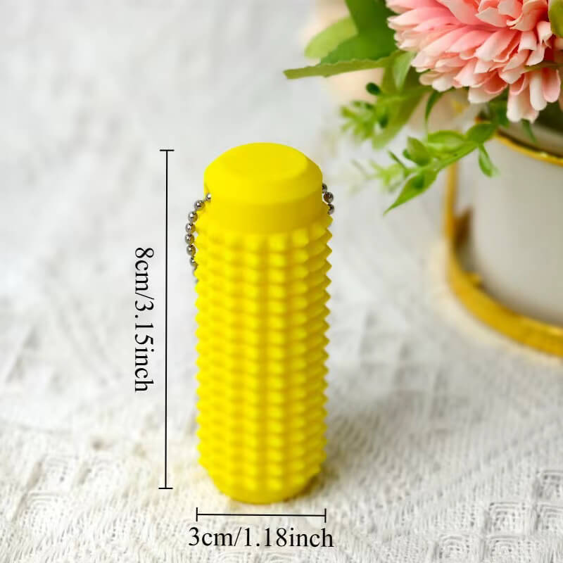 An infographic showing the yellow Spiky Tactile Sensory Keychain with dimensions.