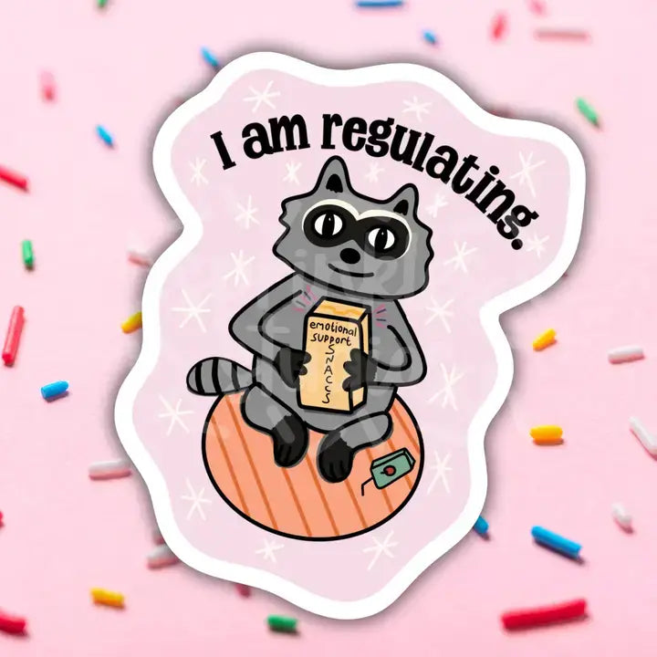 A raccoon holds a box of emotional support snacks with the text: I am regulating.