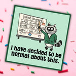 A raccoon who is dressed like a professor holds a ruler up to a white board with a conspiracy map and the text reads: I have decided to be normal about this.