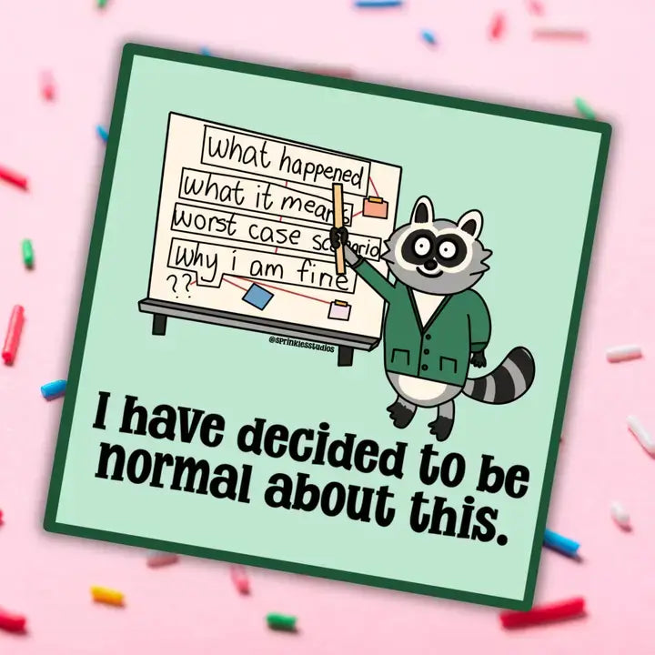 A raccoon who is dressed like a professor holds a ruler up to a white board with a conspiracy map and the text reads: I have decided to be normal about this.
