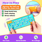 An infographic demonstrating how to play with the Squeezy Sensory Maze with rubber balls.