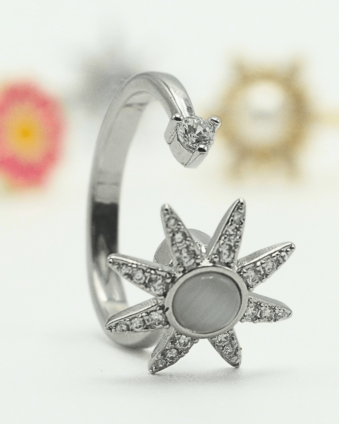 Star Moonstone Fidget Spinner Ring in Copper with Cubic Zirconia.