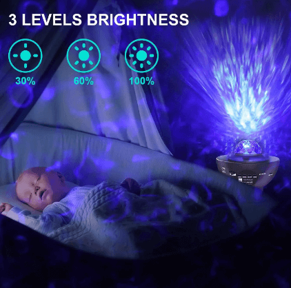 An infographic for the Starry Night Projector that demonstrates the 3 levels of brightness.