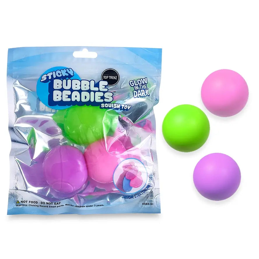 The pink, green and purple Sticky Bubble Beadies GLow-in-the-Dark.