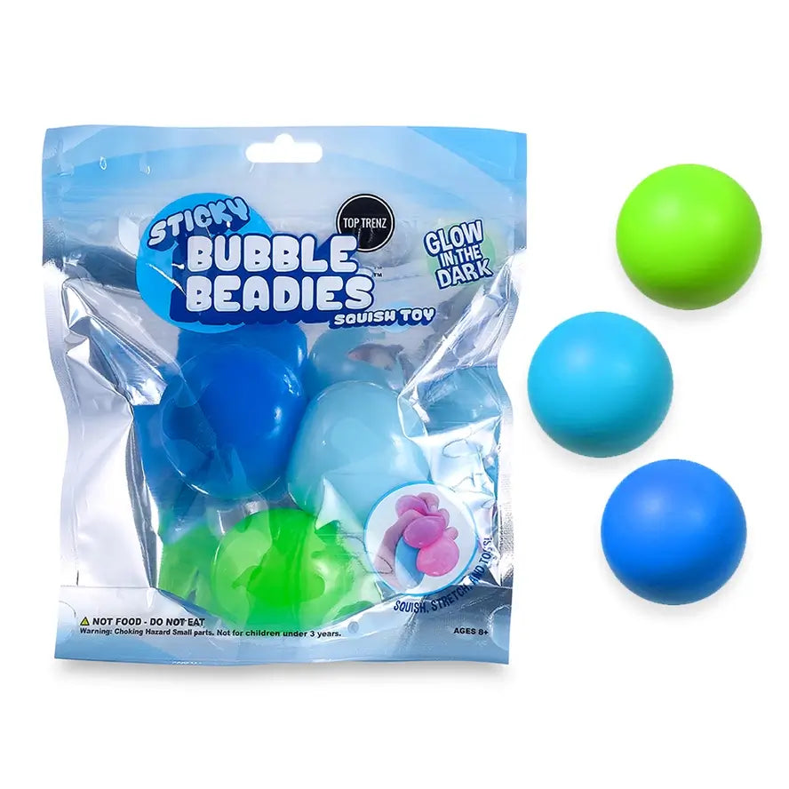 The blue and green Sticky Bubble Beadies Glow-in-the-Dark.