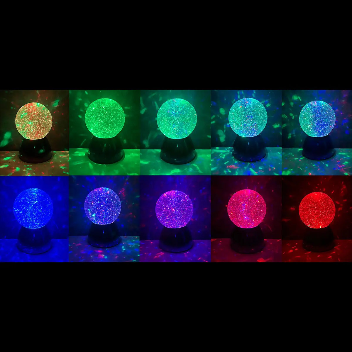 An infographic showing the different colors of the Disco Motion Color Changing LED Glitter Ball.