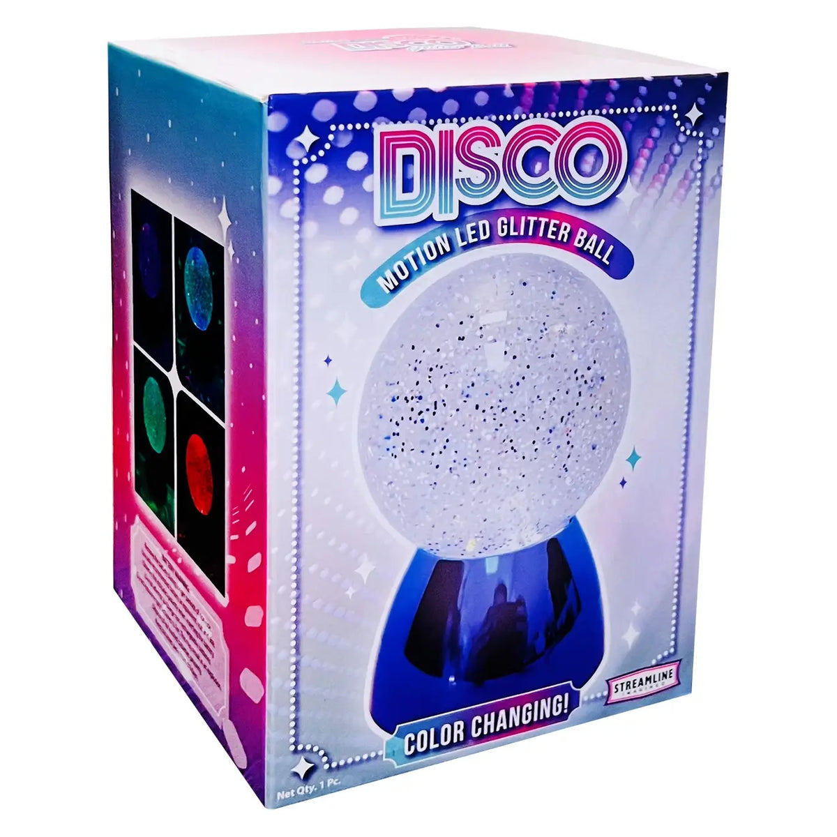 The product package for the Disco Motion Color Changing LED Glitter Ball.