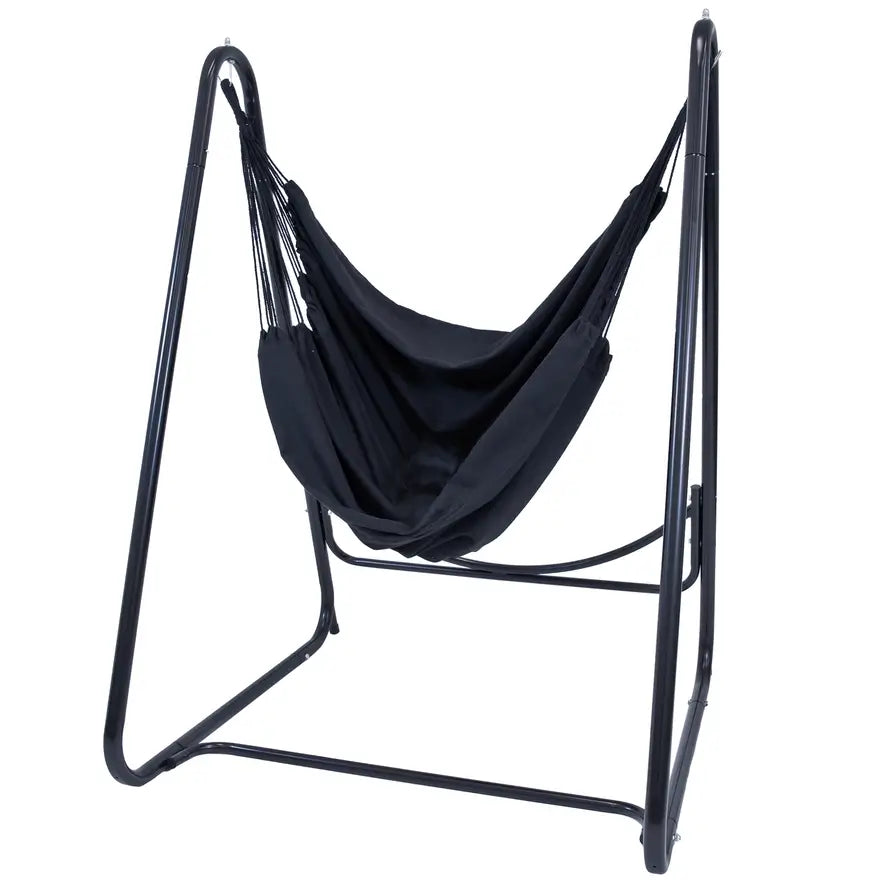The black Polycotton Hammock Chair with Steel A-Frame Stand against a white background.