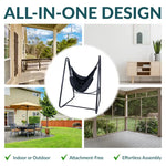 An infographic describing the all-in-one design of the Polycotton Hammock Chair A-Frame Steel Stand.