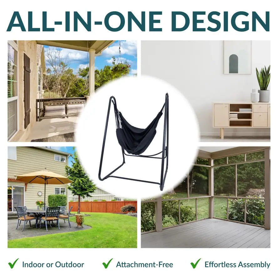 An infographic describing the all-in-one design of the Polycotton Hammock Chair A-Frame Steel Stand.