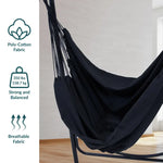 An infographic showing several specifications for the Polycotton Hammock Chair A-Frame Steel Stand.