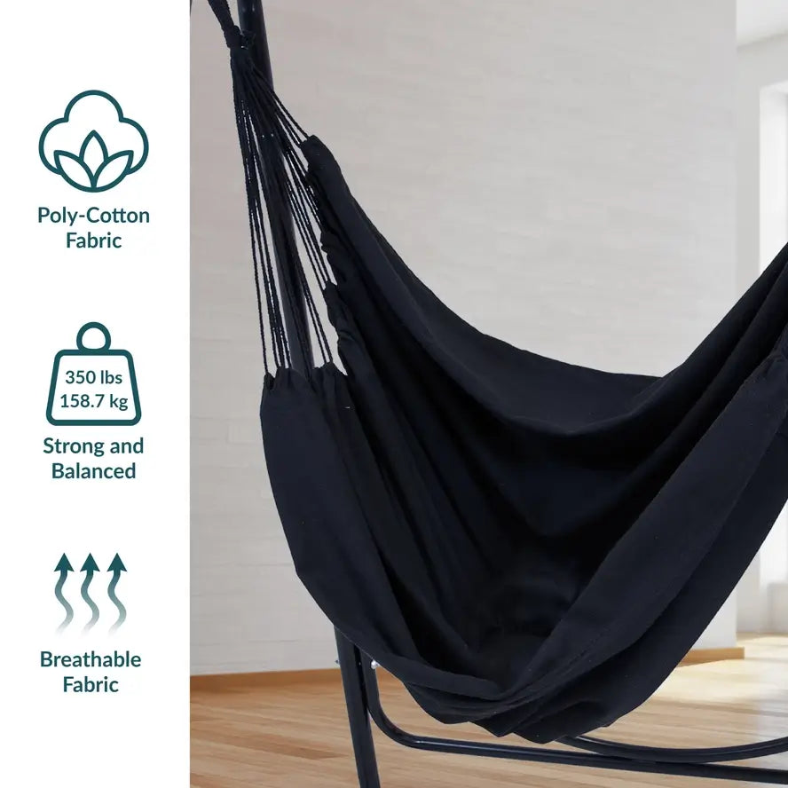 An infographic showing several specifications for the Polycotton Hammock Chair A-Frame Steel Stand.