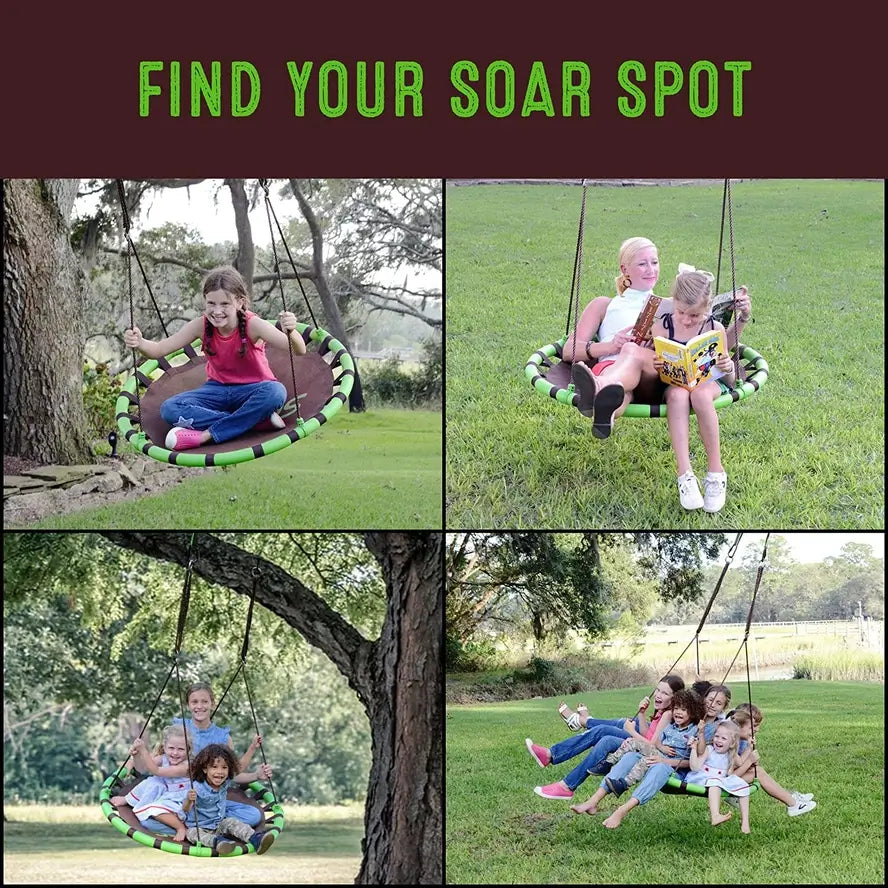 An infographic broken up into quadrants, each scene showing a different way to use the Swurfer Orbit Tree Swing.