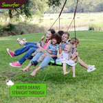 Many children all sit on the Swurfer Orbit Tree Swing as it swings back and forth.