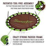 AN infographic advertising the patented tool free assembly of the Swurfer Orbit Tree Swing.