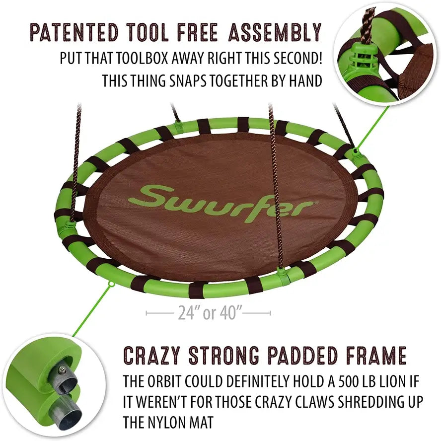 AN infographic advertising the patented tool free assembly of the Swurfer Orbit Tree Swing.
