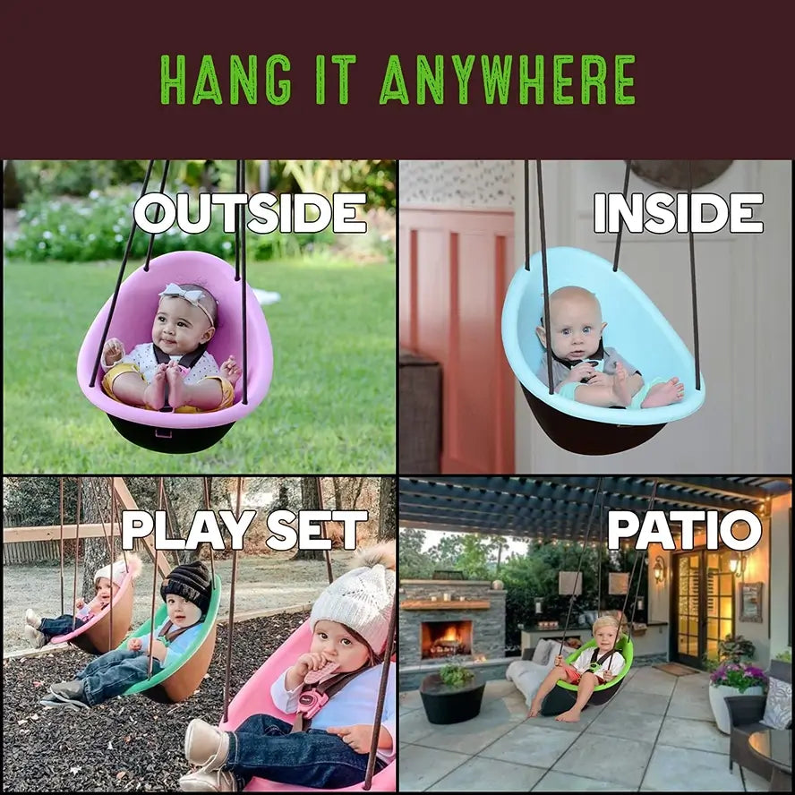 An infographic showing the different places you can hang and use the Swurfer Kiwi Baby and Toddler Swing.
