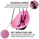 An infographic showing the adjustable 3-point harness and the soft padded foam liner of the Swurfer Kiwi Baby and Toddler Swing.