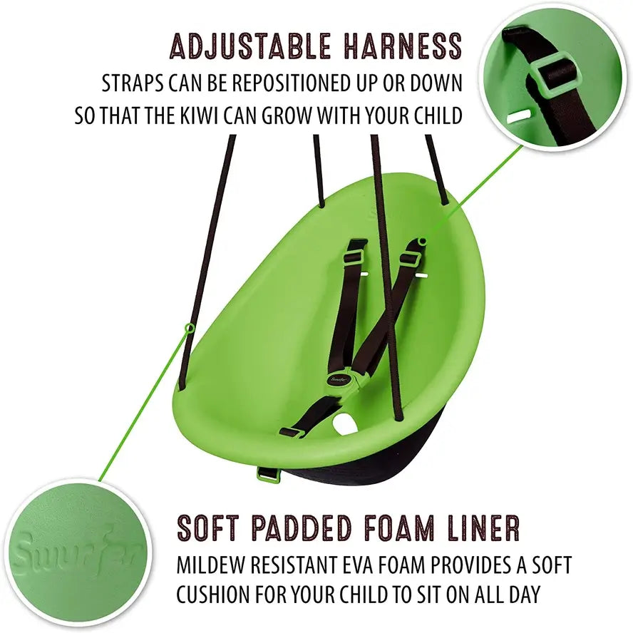 An infographic showing the adjustable 3-point harness and the soft padded foam liner of the Swurfer Kiwi Baby and Toddler Swing.