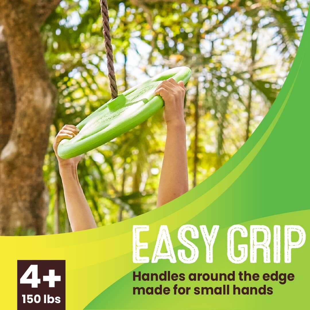 An infographic showing the easy grip function of the Swurfer Tree Ring Disc Swing.