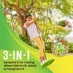 An infographic showing the 3-in-1 function of the Swurfer Tree Ring Disc Swing.