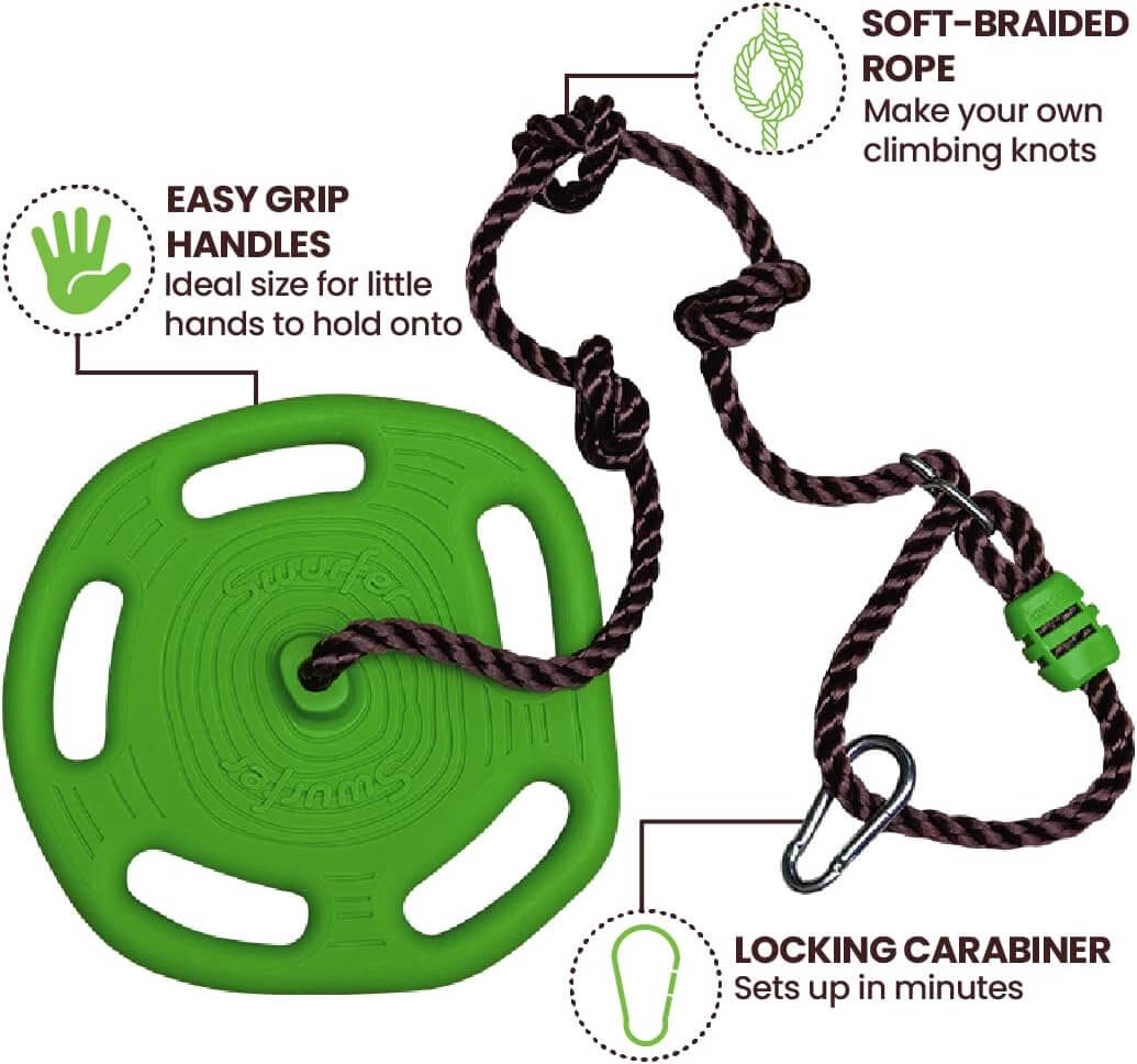 An infographic showing the features of the Swurfer Tree Ring Disc Swing.