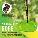 An infographic showing the soft, adjustable rope of the Swurfer Tree Ring Disc Swing.